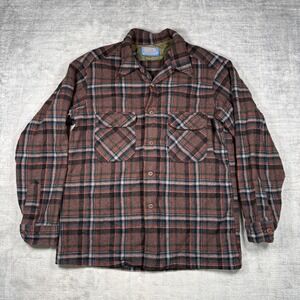 Pendleton Shirt Mens Large Brown Plaid Vtg 70s Wool Flannel Board Loop Collar